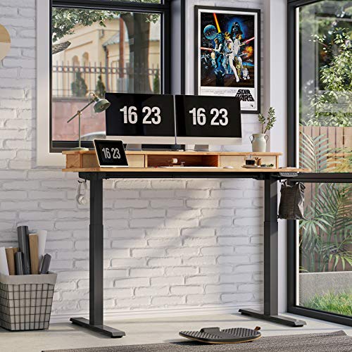 FEZIBO Height Adjustable Electric Standing Desk with Double Drawer, 55 x 24 Inch Stand Up Table with Storage Shelf, Sit Stand Desk with Splice Board, Black Frame/Light Rustic Top