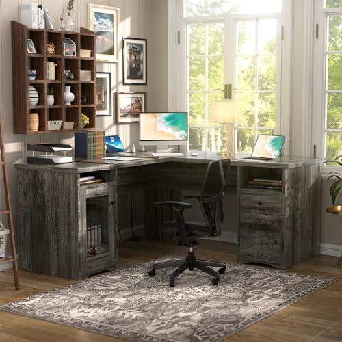 Unikito L Shaped Desk with Drawers, USB Charging Port, Power Outlet - 60 Inch, Black Oak
