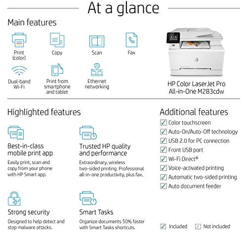 HP Laserjet Pro MFP M283cdwD All-in-One Wireless Color Laser Printer, White - Print Scan Copy Fax - 22 ppm, 2.7" Touchscreen, Auto 2-Sided Printing, 50-Sheet ADF, Ethernet, Cbmou Printer_Cable