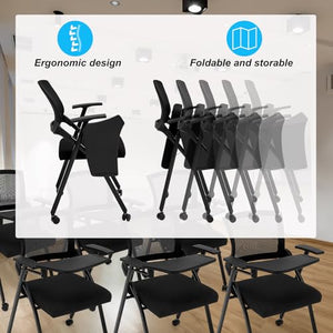 Menkxi 6 Pack Tablet Arm Chair with Caster Wheels, Mesh Nesting Stacking Black Folding Chair