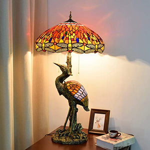 Xiaochen Antique Tiffany Style Male Bird Desk Lamp 20" - Crimson Dragonfly Glass Lampshade for Living Room Study Bedroom