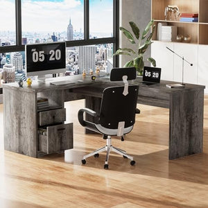 Unikito L Shaped Computer Desk with Drawer and Power Outlets, Black Oak