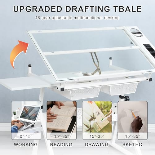 LiviNest Height Adjustable Drafting Table - Modern Glass Artist Drawing Desk with Chair