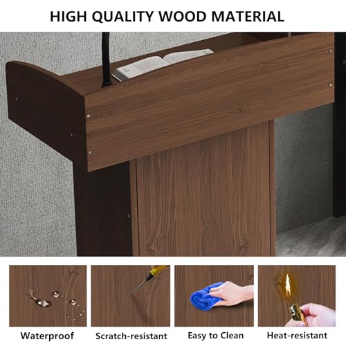 Yadlan Solid Wood White Podium Stand with Microphone Holder and Storage Cabinet