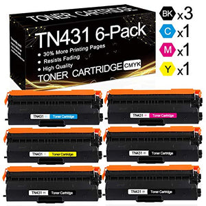 6-Pack (3BK+1C+1M+1Y) TN431 Compatible Toner Cartridge Replacement for Brother HL-L8260CDW HL-L8360CDW HL-L8360CDWT HL-L9310CDW HL-L9310CDWT DCP-L8410CDW MFC-L8610CDW Printer, by SinaToner.
