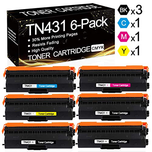 6-Pack (3BK+1C+1M+1Y) TN431 Compatible Toner Cartridge Replacement for Brother HL-L8260CDW HL-L8360CDW HL-L8360CDWT HL-L9310CDW HL-L9310CDWT DCP-L8410CDW MFC-L8610CDW Printer, by SinaToner.