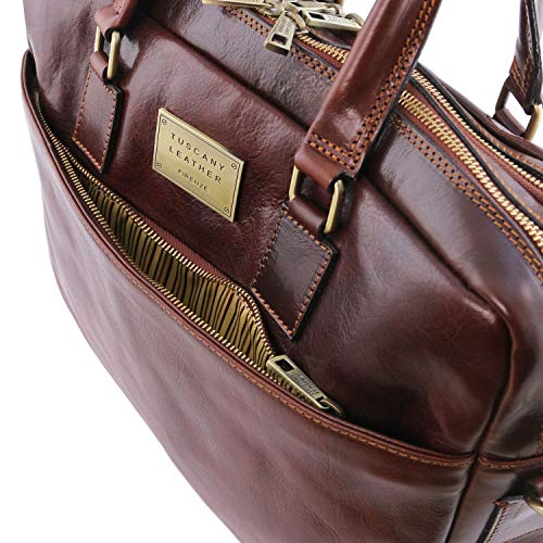 Tuscany Leather Urbino Leather laptop briefcase 2 compartments with front pocket - TL141894 (Dark Brown)