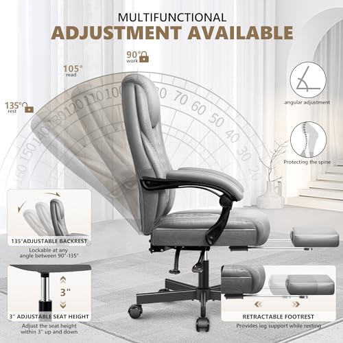 BestEra Executive Office Chair Big and Tall High Back Ergonomic Leather Chair with Footrest, Adjustable Height, Lumbar Support - Gray
