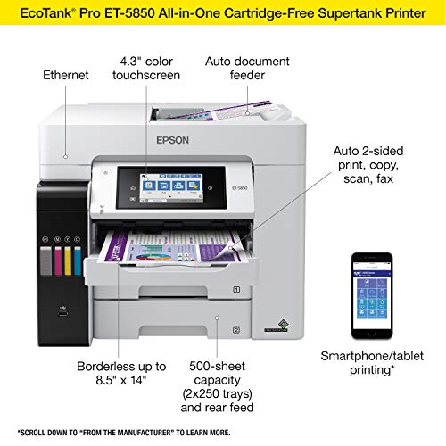 Epson EcoTank Pro ET-5850 Wireless Color All-in-One Supertank Printer with Scanner, Copier, Fax and Ethernet