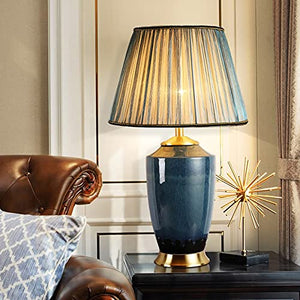 EARSHOT Blue Ceramic Table Lamp with Fabric Lampshade and Copper Base - Modern Nightstand Lamp for Home Office and Cafe