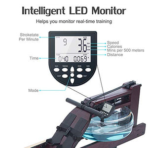 Real Relax Water Rowing Machine for Home Use, Water Adjustable Resistance Rower with LED Moniter for Full-Body Workout, Cardio Training Gym Fitness Indoor (Rower Cover Included), Dark Red Wood