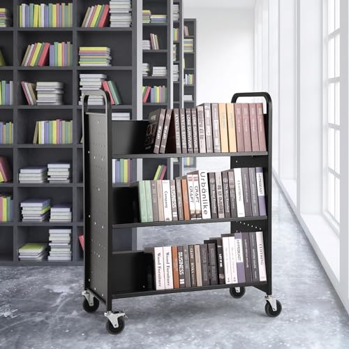 VEVOR Rolling Book Cart, 330 lbs Library Cart, Double Sided W-Shaped Sloped Shelves, 4-Inch Lockable Wheels - Black