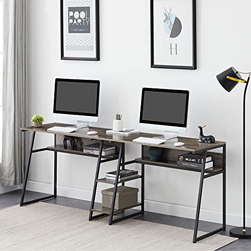 4-Tier Two Persons PC Laptop Desk Study Table with Open Storage Bookshelves for Home Office Dorm Students, Industrial Rustic Wooden Writing Table Workstation Double Desk with Steel Frame for 2 (Gray)