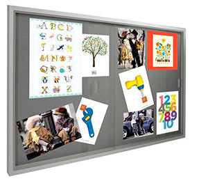 48x36 Indoor Bulletin Board with Gray Fabric Backing, 4' x 3' Enclosed Message Board with Locking, Sliding Glass Doors, Aluminum