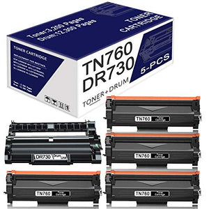 5-Pack Black (1Drum+4Toner) Compatible DR-730 Drum Unit and TN-760 Toner Cartridge Replacement for Brother DCP-L2550DW MFC-L2710DW L2750DW L2750DWXL HL-L2350DW L2390DW L2395DW Printer Toner Cartridge.