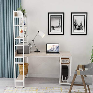 Wood Computer Desk with Metal Frame and 4-Tier Open Bookshelves Plenty Storage Spaces PC Laptop Gaming Desk Study Writing Table Workstation with Monitor & CPU Stand for Home Office Dorm School