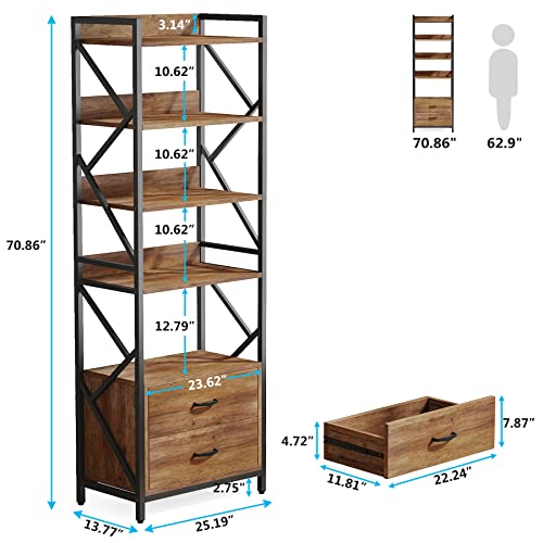 Tribesigns Industrial Bookshelf with Drawers, 70.8" - 5 Shelf Open Storage, Brown - 2pcs