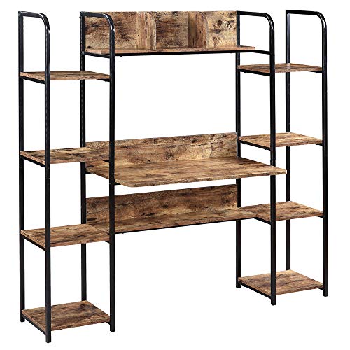 Okngr Computer Desk with Hutch and Bookshelf, Industrial Study Writing Table Home Office Writing Desk with Bookshelf Workstation Desk Gaming Desk, Rustic Brown