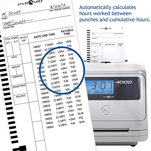 Pyramid Time Systems Model 4000 Auto Totaling Time Clock, 50 Employees, Includes 25 time Cards, Ribbon, 2 Security Keys and User Guide, Made in USA, Silver, "7.25""h x 7""w x 6.75"" d"