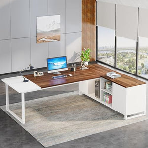 Tribesigns L-Shaped Executive Desk with File Cabinet, Walnut White