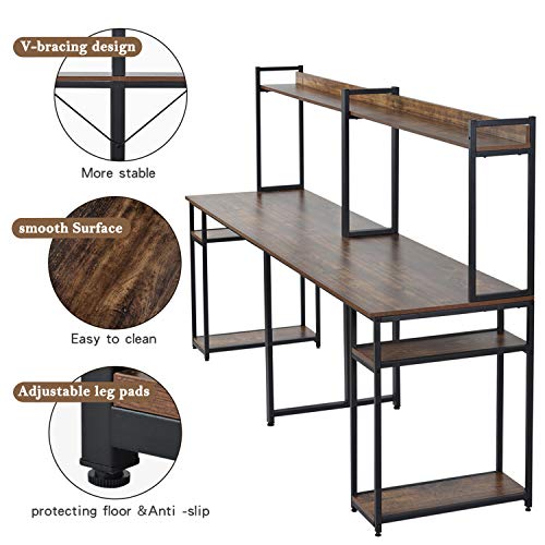 Large Home Office Desk Double Workstation Desk, Extra Long Two Person Computer Desk with Storage Shelves and Hutch,Spacious Tabletop, Multifunction Writing Study Table for Two Person (Brown)