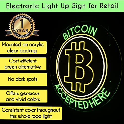 BITCOIN ACCEPTED HERE Flex neon Sign for Business Displays | Electronic Light Up Sign for Retail Businesses | 26"W x 26"H x 1"D