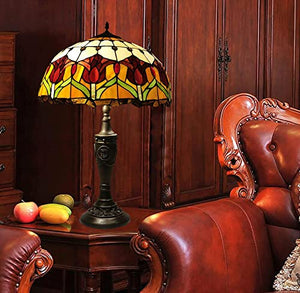 MaGiLL Tiffany Style Desk Lamp, Stained Glass Lampshade, Tulip Resin Base, Vintage Office Light - 16 Inch