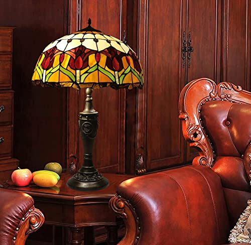 MaGiLL Tiffany Style Desk Lamp, Stained Glass Lampshade, Tulip Resin Base, Vintage Office Light - 16 Inch