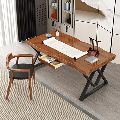 Solid Wood Computer Desk with Drawer and Sturdy Metal Bracket, 5cm Pine Panel Game Table Study Desk (300x120x75cm)