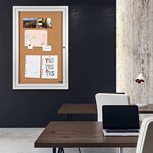 INNOVART Enclosed Bulletin Board 36” x 24”, Lockable Cork Noticeboard with Aluminum Frame, Wall Display Case with Swing-Open Door, Information Cabinet for School, Office, Commercial, etc.
