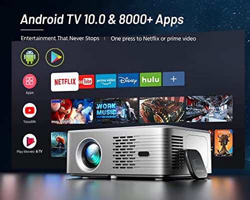 CiBest 4K Support Projector with 5G WiFi Bluetooth, Android TV 10, Native 1080P, Netflix/Prime Video Built-in, Autofocus, Stereo Sound