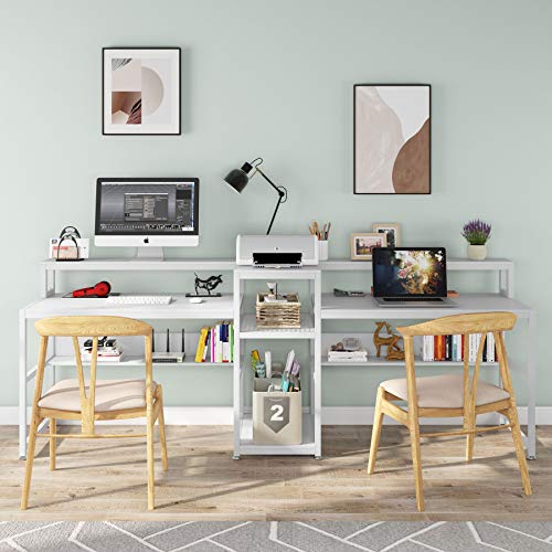 Tribesigns 94.5 inch Double Computer Desk with Storage Shelf, Extra Long Two Persons Desk with Printer Shelf, Large Office Desk Study Writing Table for Home Office (White)