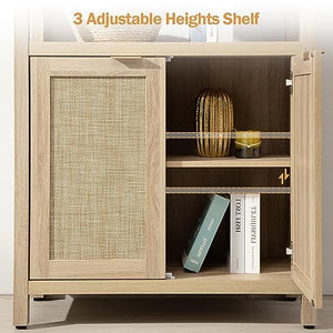 SICOTAS 5 Tier Rattan Boho Bookshelf with Doors - Natural 3PCS