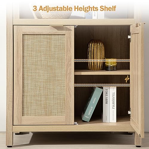 SICOTAS 5 Tier Rattan Boho Bookshelf with Doors - Natural