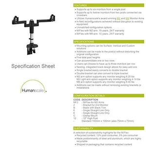 HumanScale M2 M/Flex Dual Monitor Arm Single Straight Link 18" High Post with Integrated Clamp Mount Aluminum White MF22W66C18