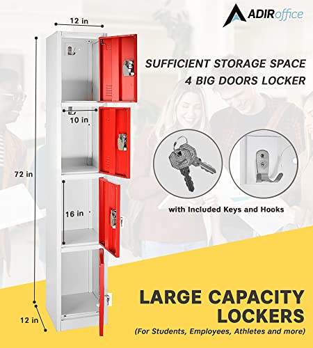 AdirOffice Large School Locker with 4 Doors and 4 Hooks - Metal Storage Cabinet for School, Garage, Office - Red