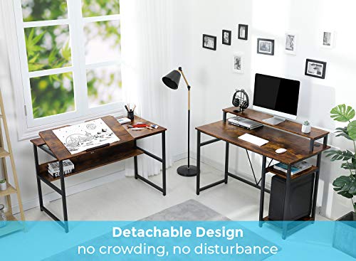 Sedeta L Shaped Desk, 70.9 inches Corner Computer Desk with Monitor Stand Riser, Drafting Drawing Table with Tiltable Desktop, Workstation Study Writing Table Art Desk for Home Office, Rustic Brown
