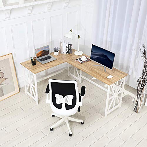 GreenForest Large L Shaped Desk and Computer Desk Bundle, Industrial Gaming Writing Desk Home Office Furniture Set, Oak