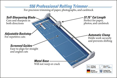 Dahle 556 Professional Rolling Trimmer, 37-3/4" Cut Length, 14 Sheet Capacity, Self-Sharpening, Automatic Clamp, German Engineered Paper Cutter, Blue, Gray (00556-21248)