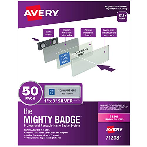 The Mighty Badge by Avery, 1" x 3" Silver Name Tags, 50 ID Badges, 120 Inserts for Laser Printers (71208)