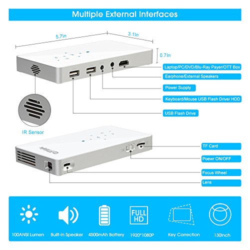 PTVDISPLAY Pocket Portable Mini Projector, 1080P Pico Bluetooth Video WiFi DLP Projector Full HD Support Android HDMI USB TF Card Wireless Home Projector