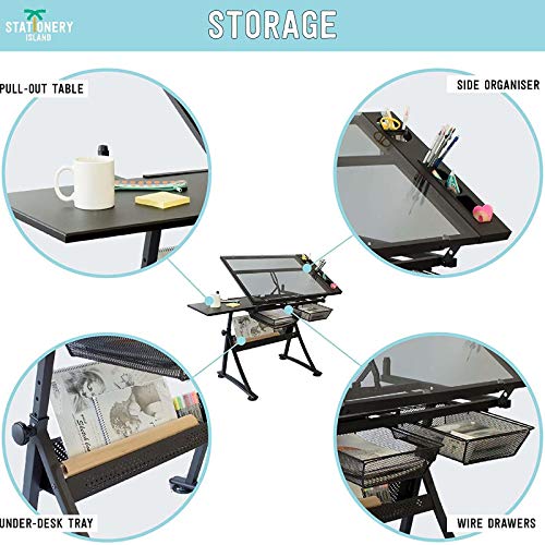 KOUBE Drafting Table Desk, Drafting Table for Artists with Drawers and Stool Glass Top Adjustable Height Angle Tabletop Tilted Art Craft Work Station for Home Office Working