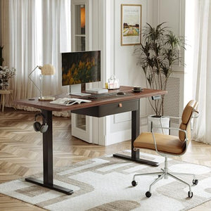 FEZIBO Electric Standing Desk with Drawer, 55 x 24 Inches Adjustable Height, Sit Stand Home Office Desk - Black Walnut