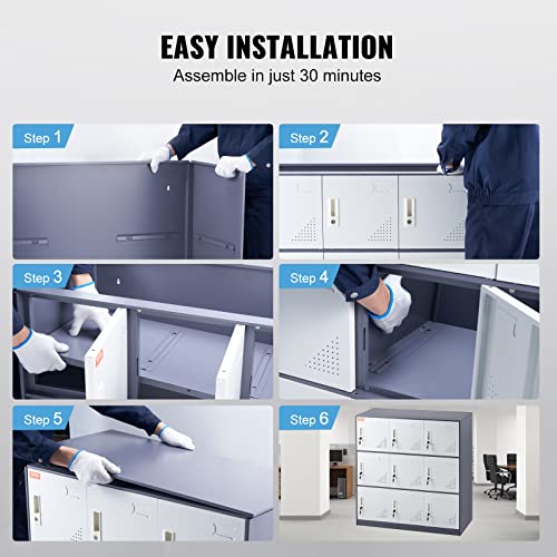 VEVOR Metal Employee Locker, 9 Doors Storage Cabinet with Card Slot, Gray Steel, Keys, 66lbs Capacity