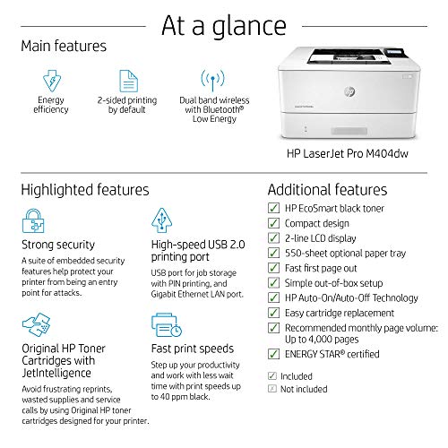 HP Laserjet Pro M404DW Wireless Monochrome Laser Printer with Duplex Printing, White (Renewed)