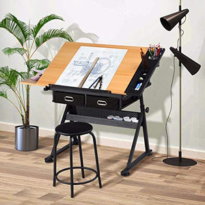 Drafting Table Art Craft Drawing Adjustable Desk Art Hobby Drawers with Stool