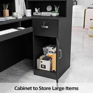 LEADZM L-Shaped Reception Desk with Counter, Lockable Drawers, Adjustable Shelf - Black (55.9" W x 18.9" D x 48" H)