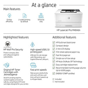 HP Laserjet Pro M404dn Monochrome Laser Printer - Print Only, Ethernet, 40 ppm, 1200 x 1200 dpi, Auto Duplex, 8.5 x 14, 2-line LCD