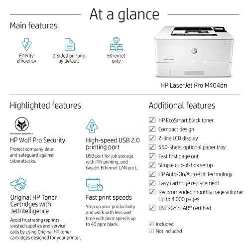 HP Laserjet Pro M404dn Monochrome Laser Printer - Print Only, Ethernet, 40 ppm, 1200 x 1200 dpi, Auto Duplex, 8.5 x 14, 2-line LCD