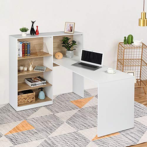 L Shaped Home Office Desk, Computer Desk, Corner Desk with 4-Tier Storage Shelves Study Writing Table for Home Office, Modern Simple Style
